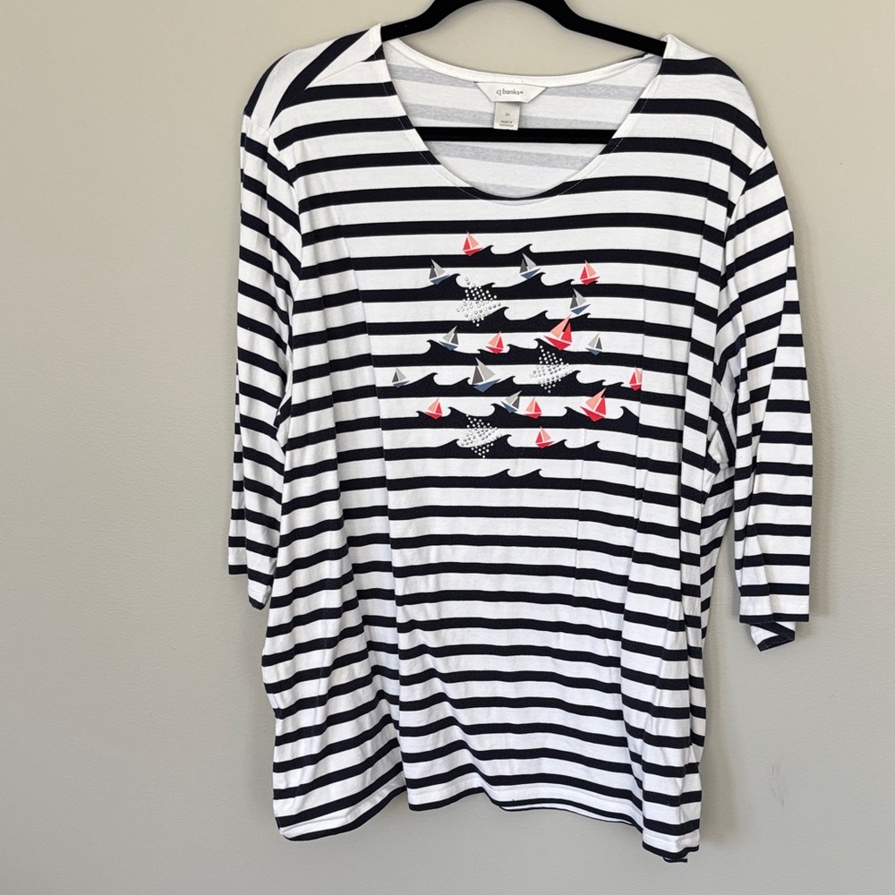 CJ Banks Blue & White Striped Long-Sleeve Tee with Red Sailboat Motif